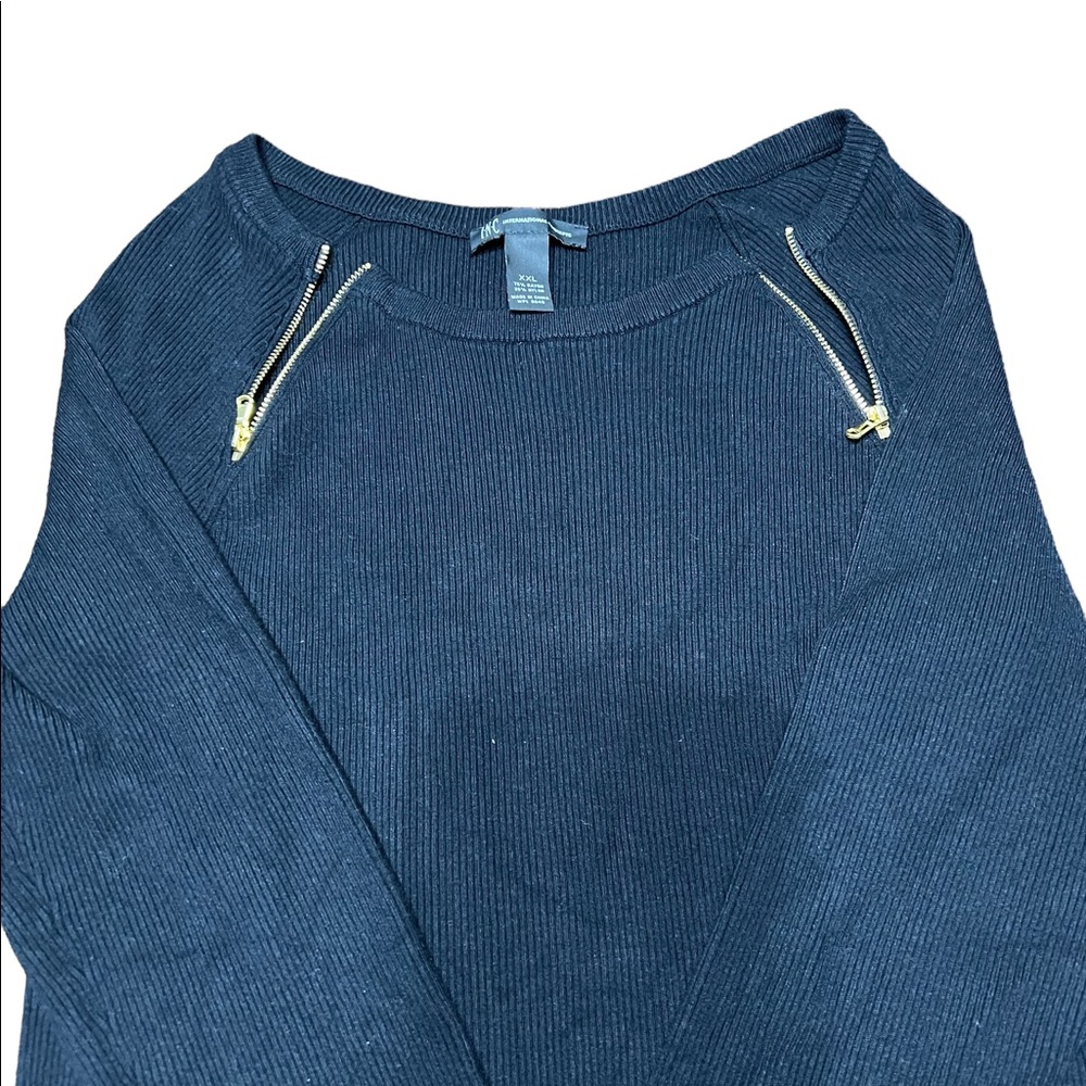 Women's INC International Concepts Black Knit Gold Zipper Sweater- Sz.XXL